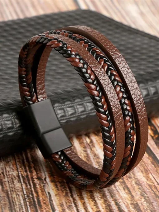 SHEIN Classic Multi-Layer Leather Bracelet Men's Stainless Steel