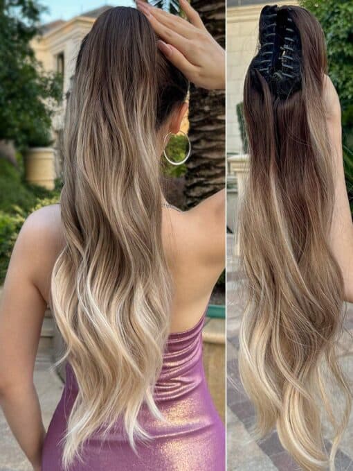 SHEIN Claw Ponytail Extensions Hair Long Water Wave Hair Ombre 24 Inch Heat Resistant