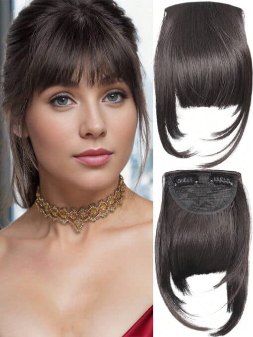 SHEIN Clip In Bangs Hair Extensions 10 Inch Brown Black Hair French Bangs Fake Bangs Hair Clip On Bangs