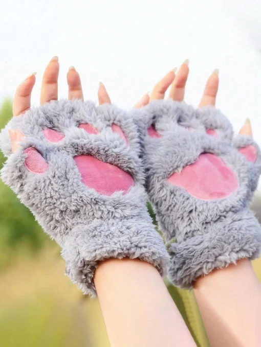 SHEIN Cute 1pair Women Paw Design Fuzzy Fashionable Fingerless Gloves