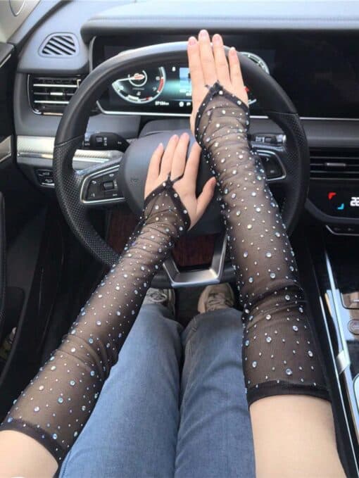 SHEIN Fashion Music Festival Sparkling Rhinestone Mesh Performance Women's Elastic Gloves