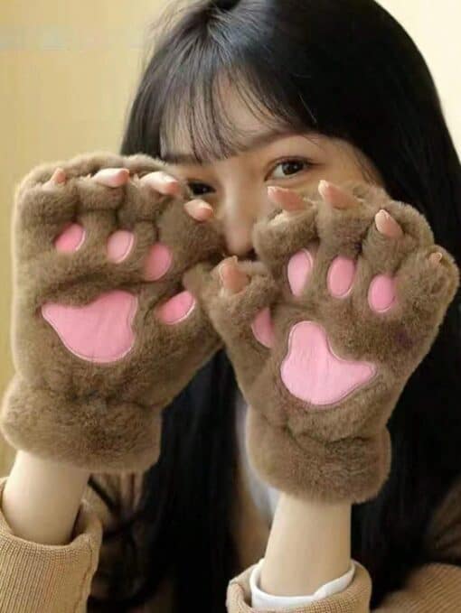 ROMWE Kawaii Paw Embroidered Fuzzy Fingerless Gloves