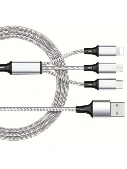 SHEIN 1pc Braided One Drag Three For Android Type-C Charging Cable 1.2m Charging Cable 3-In-1 (Silver)