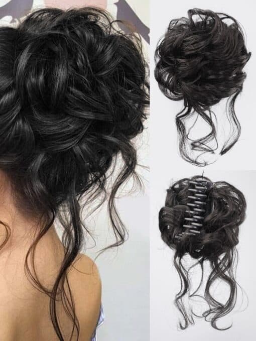 SHEIN Synthetic Messy Curly Claw Hair Bun Chignon Hair Extensions Scrunchy Fake False Black Hair With Tail ( Black )