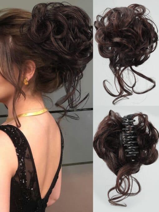 SHEIN Synthetic Messy Curly Claw Hair Bun Chignon Hair Extensions Scrunchy Fake False Black Hair With Tail (Brown)