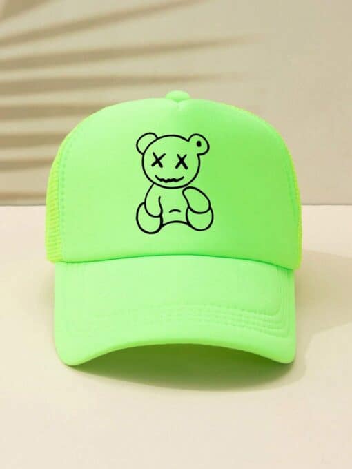 SHEIN Unisex Fluorescent Green Line Pattern Bear Outdoor Leisure Adjustable Breathable Baseball Mesh Cap