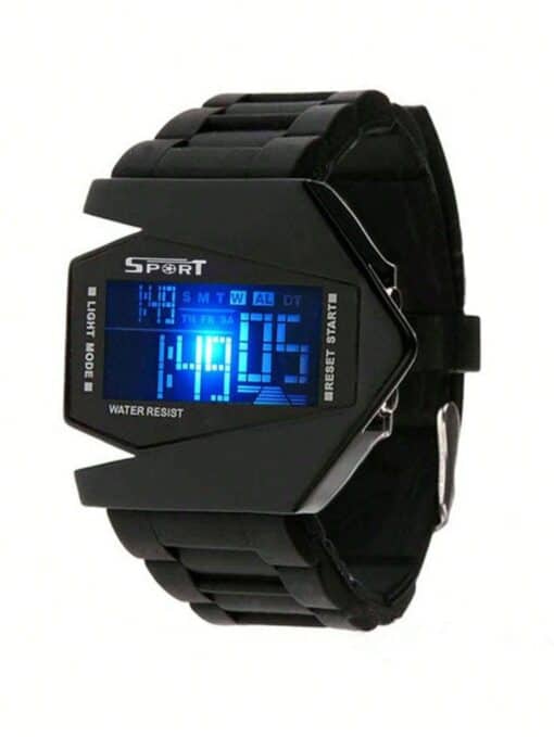 1pc Men's Black Multifunctional Personalized 7-Color Fighter Plane Shaped LED Strap [Random Black & White Dial Sent]