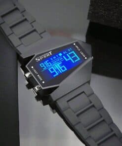 Alternative view of 1pc Men's Black Multifunctional Personalized 7-Color Fighter Plane Shaped LED Strap [Random Black & White Dial Sent]