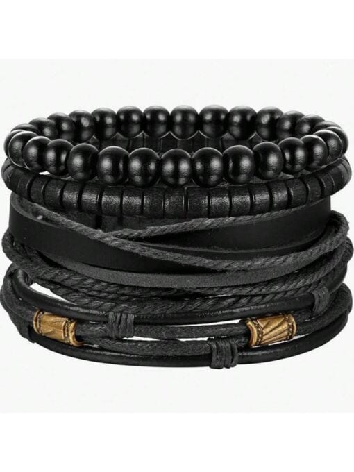 SHEIN 1set/4pcs Men's Wooden Beaded Braided Bracelet With Pu Leather Combination As Retro Style