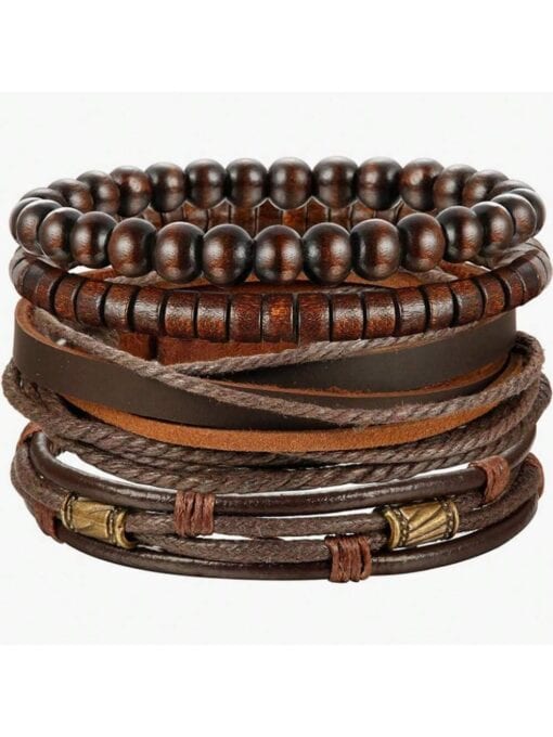 SHEIN 1set/4pcs Men's Wooden Beaded Braided Bracelet With Pu Leather Combination As Retro Style ( BROWN )