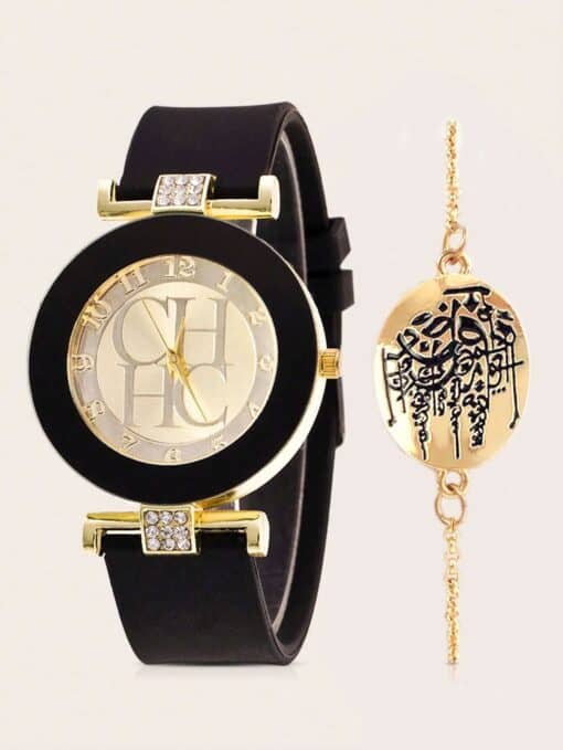 SHEIN 2pcs Fashionable Women's Digital Scale Quartz Watch And Alloy Bracelet Set