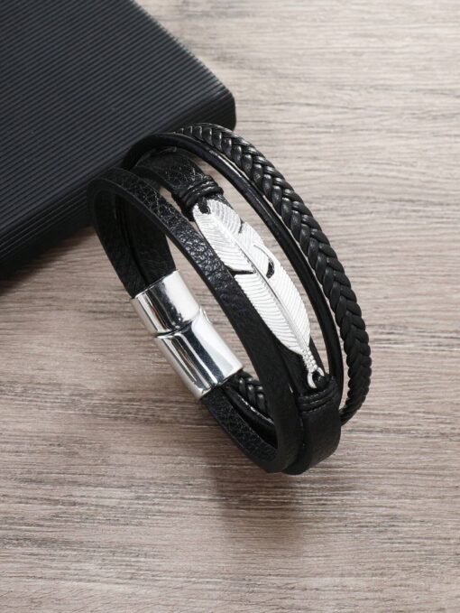 SHEIN Black Feather Design Magnetic Clasp Bracelet, Suitable For Daily Wear