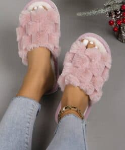 SHEIN Fluffy Slip-On Slippers For Women, Comfortable Open-Toe House Shoes (PINK)
