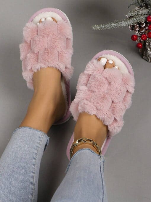SHEIN Fluffy Slip-On Slippers For Women, Comfortable Open-Toe House Shoes (PINK)