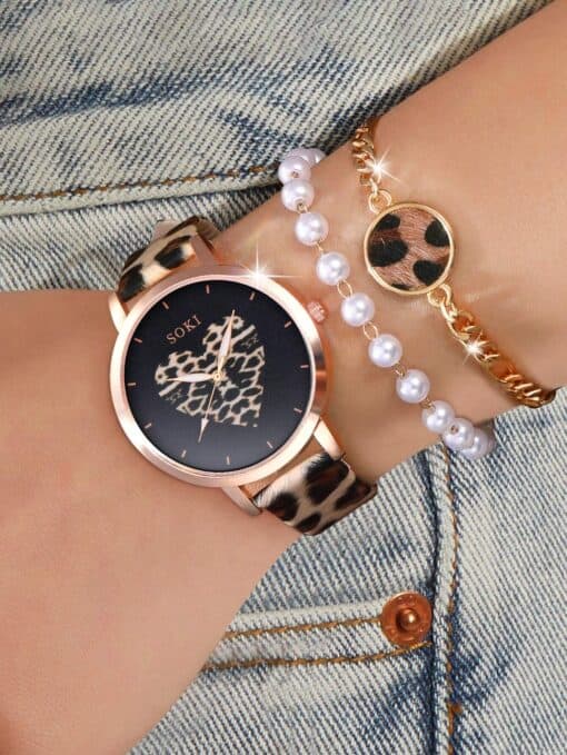 SOKI SOKI Ladies Watch 3pcs/Set Ladies' Leopard Pu Strap Fashionable Personalized Love Dial Quartz Watch