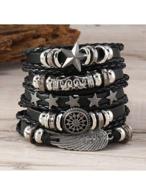 SHEIN Set Of 5 Black Summer New Fashion Personality DIY Leather Bracelets With Five-Pointed Star