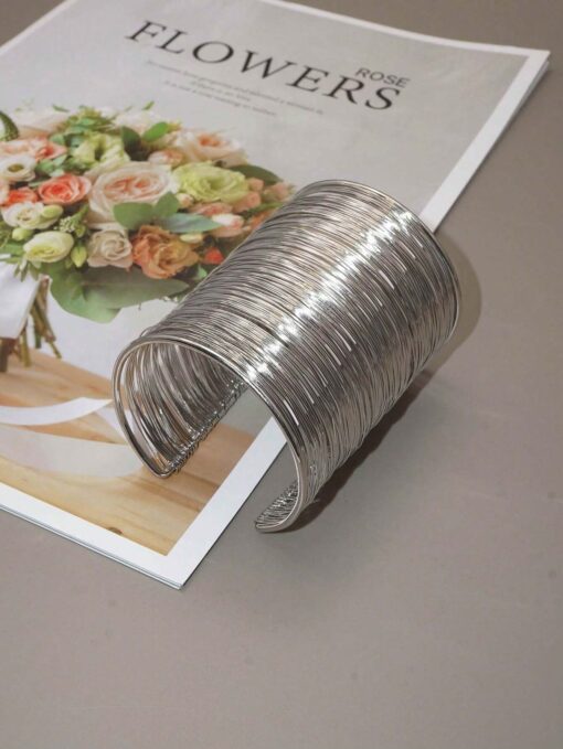 SHEIN Foreign Trade Fashionable Pure Handmade Wrapped Wire Large Bangle (silver)