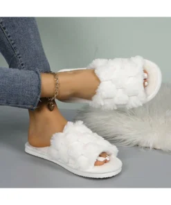 Alternative view of SHEIN Fluffy Slip-On Slippers For Women, Comfortable Open-Toe House Shoes ( WHITE )