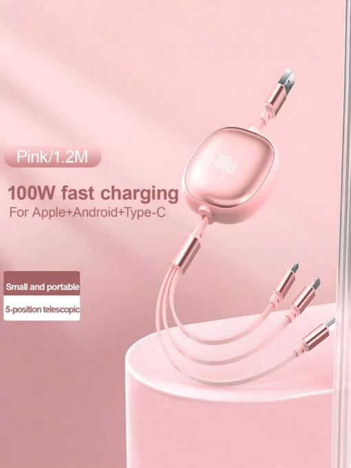 SHEIN 3-In-1 100W Fast Charging Charger Cable &Retractable One Tow Three Cable (Pink )