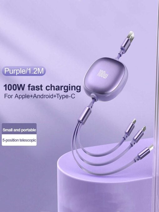 SHEIN 3-In-1 100W Fast Charging Charger Cable &Retractable One Tow Three Cable (purple )