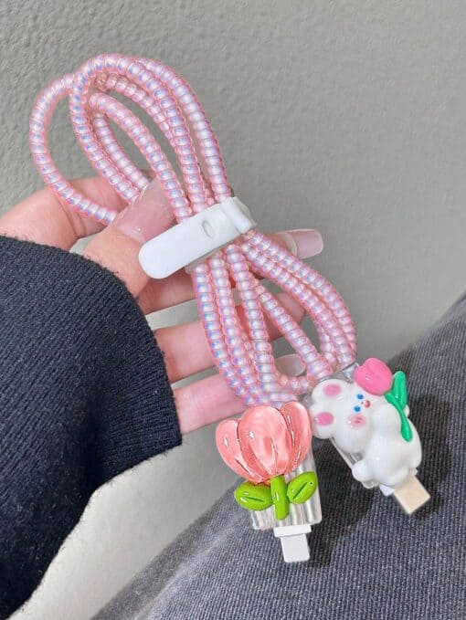 SHEIN 4-Piece Set Of Butterfly Rabbit Tulip Laser 1.5m Cable Winder Anti-Break Data Cable Protective Cover