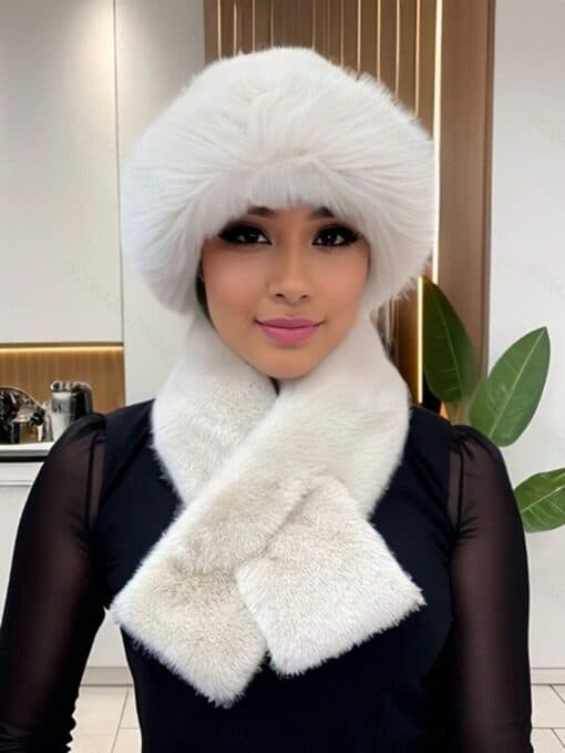 SHEIN Set Of Scarf, Mongolia Style Plush Hat (Off white)