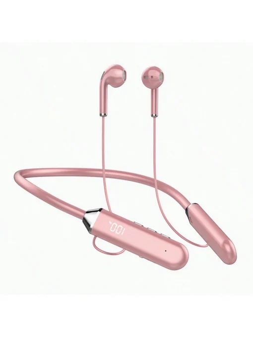 SHEIN 1pc Fashion Neckband Design Button Control Soft Comfortable Silicone Flexible Neckband HiFi Stereo Wireless Earphones (Pink)