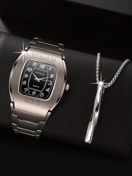 SHEIN 1pc Men Watch Gold Stainless Steel Strap Fashionable Letter Detail Square Dial Quartz Watch & 1pc Pendant Necklac