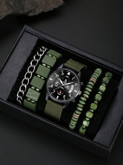 SHEIN 1set Men Fashion Casual Business Quartz Watch + 4pcs Bracelet Set