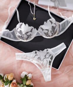 SHEIN 2pcs/Set Romantic White Burning Flower & Maple Leaf Sexy Lingerie Set