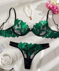 SHEIN 2pcs Dark Green Maple Leaf See-Through Lingerie Set For Women