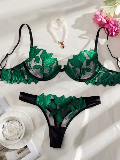 SHEIN 2pcs Dark Green Maple Leaf See-Through Lingerie Set For Women