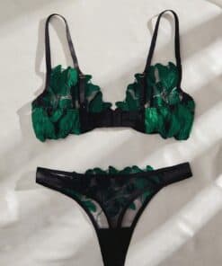 Alternative view of SHEIN 2pcs Dark Green Maple Leaf See-Through Lingerie Set For Women