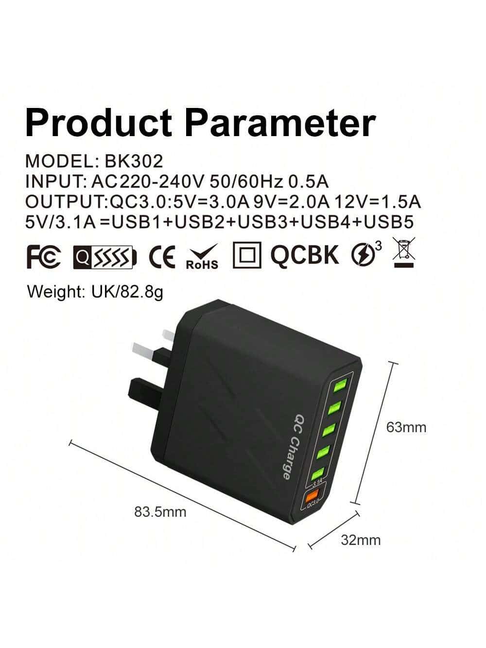 SHEIN 30W 6-Port Fast Charger Adapter, Certified High-Voltage, With QC3.0 - الصورة 5