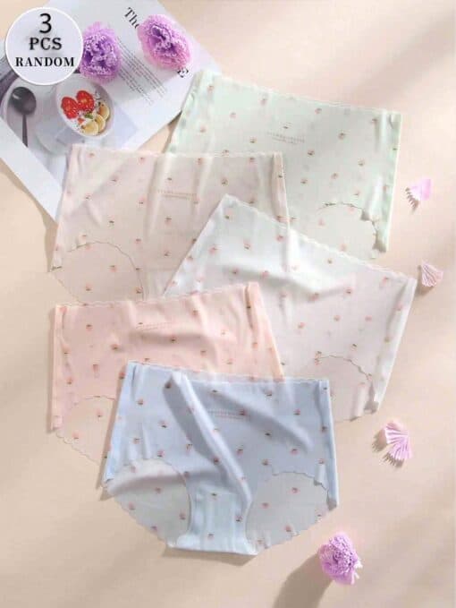SHEIN 3pcs Women's Ultra-Thin Ice Silk Panties With Strawberry Pattern In Macaron Colors(random colors)