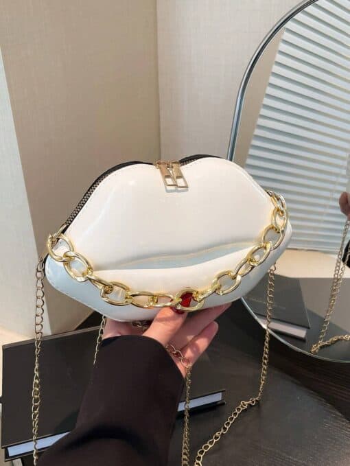 SHEIN Fashion Patent Leather Lips Shaped Women Chain Shoulder Bag (WHITE)