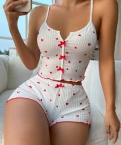 SHEIN Heart Print Lettuce Trim Bow Front PJ Set / Pajama Set White Set