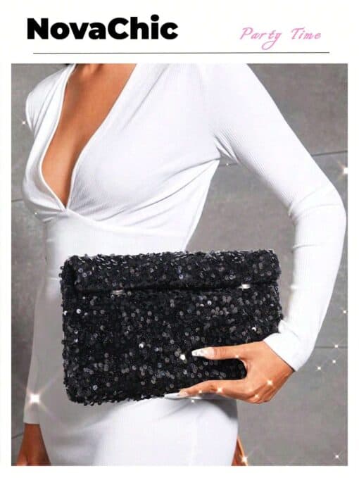 SHEIN Sequin Bag 1pc Sparkling Beaded Flap Clutch Purse