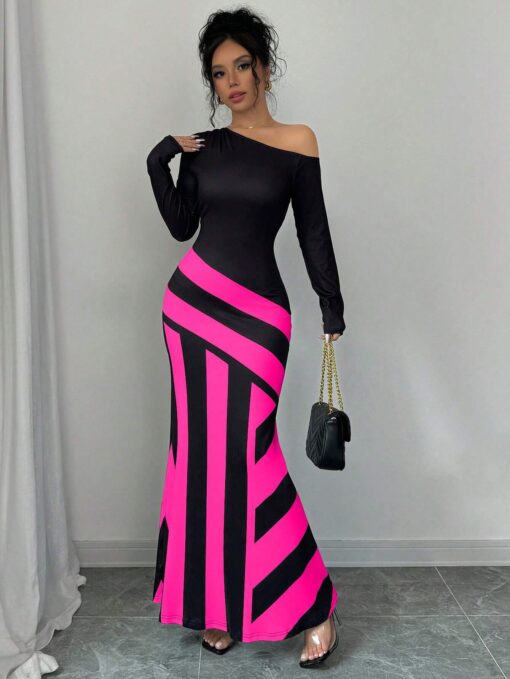 SHEIN Raffinéa Oblique Shoulder Ruched Waist Fishtail Design Sexy Women Dress Maxi Women Outfit