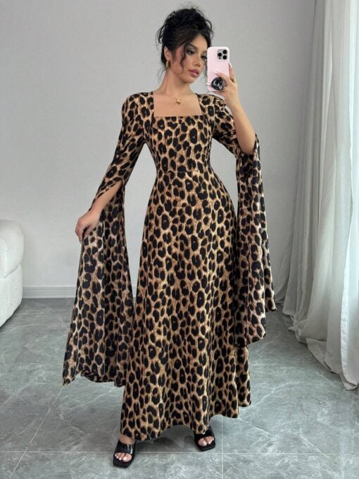 SHEIN Raffinéa Women's Leopard Print Poncho Sleeve Long Dress