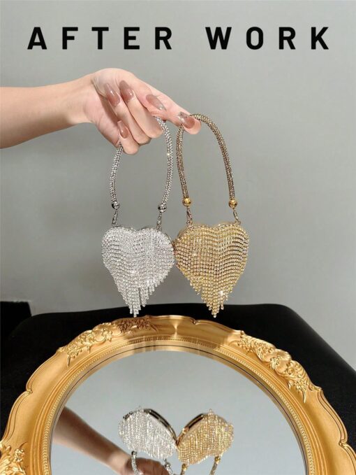 SHEIN Lightweight, Business Casual Rhinestone Decor Bucket Bag Mini Drawstring Design (Silver)