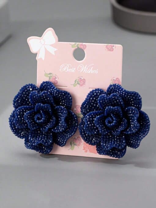 SHEIN 1 Pair Luxury Retro Chunky Acrylic Rhinestone Camellia Flower Earrings (Navy Blue)
