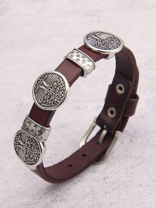 SHEIN 1pc Silver-Tone Circular Vintage Alloy Tree Of Life Pattern, Vintage Brown Leather Bracelet With Buckle