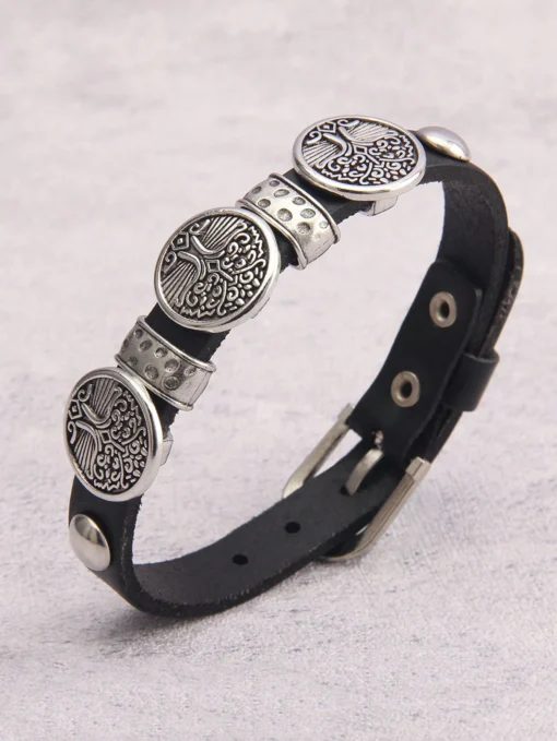 SHEIN 1pc Silver-Tone Circular Vintage Alloy Tree Of Life Pattern, Vintage Black Leather Bracelet With Buckle