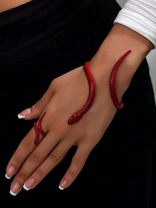 SHEN 1set European & American Stylish Red Geometric Curved Snake Design Adjustable Bracelet & Ring Jewelry Set, Holiday Gif