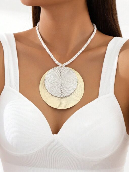 SHEIN 1set Exaggerated Double-Layer Large Linen Disc Earrings, Pendant & Choker Necklace (White Silver Golden)