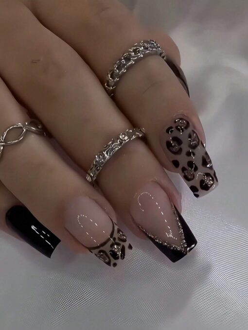 SHEIN 24pcs Black French Leopard Pattern False Nails + Jelly Gel + Nail File Set