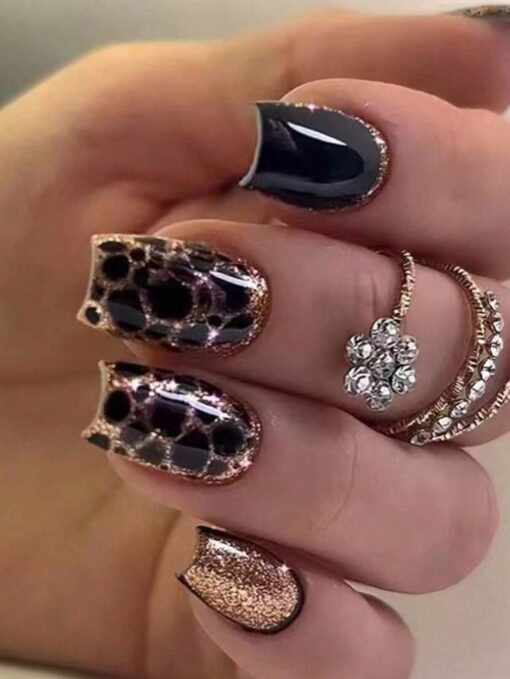 SHEIN 24pcs Black Leopard Pattern Gold Square Nails + Jelly Gel + Nail File Set