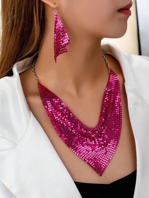 SHEIN 3pcs Set Wine Red Sequin Triangle Scarf, Leopard Print Fake Collar, Elegant Bohemian Wedding Necklace (Hot Pink)