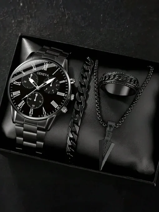 SHEIN 4pcs Set Men's Classic Black Business Quartz Watch